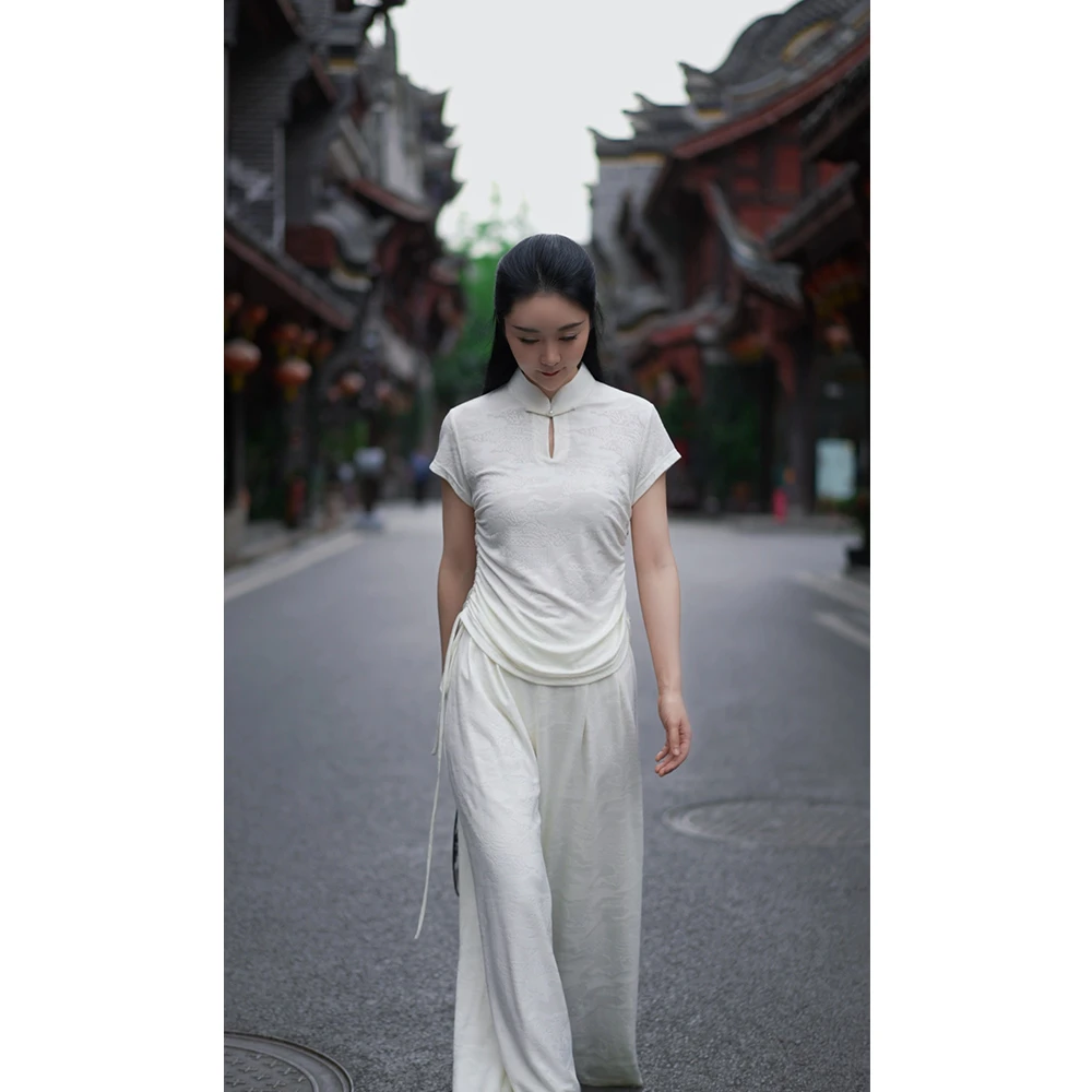 【山茶白羽】夏季新中式纯色一字扣时尚气质修身时尚日常长款套装