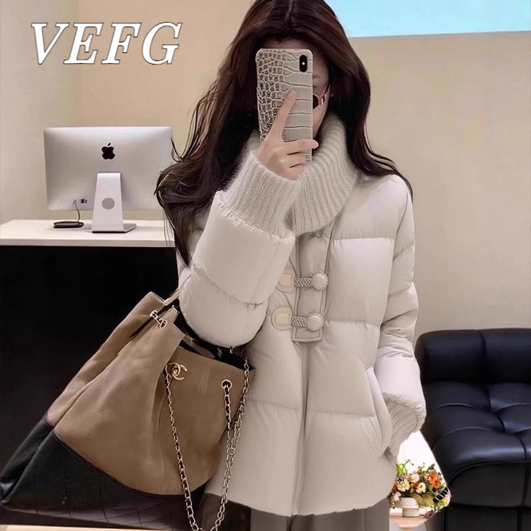 VEFG小个子拼接针织翻领棉服女冬季高级感甜美风减龄气质超好看外