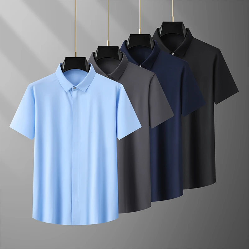 胖哥夏季拉链衬衫冰丝高弹力无痕修身薄款衬衣男士职业翻领速干