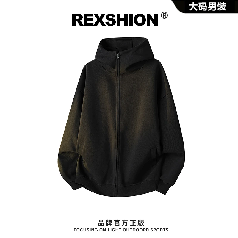 REXSHION秋季新款保暖连帽开衫夹克男韩式简约宽松百搭纯色外套男