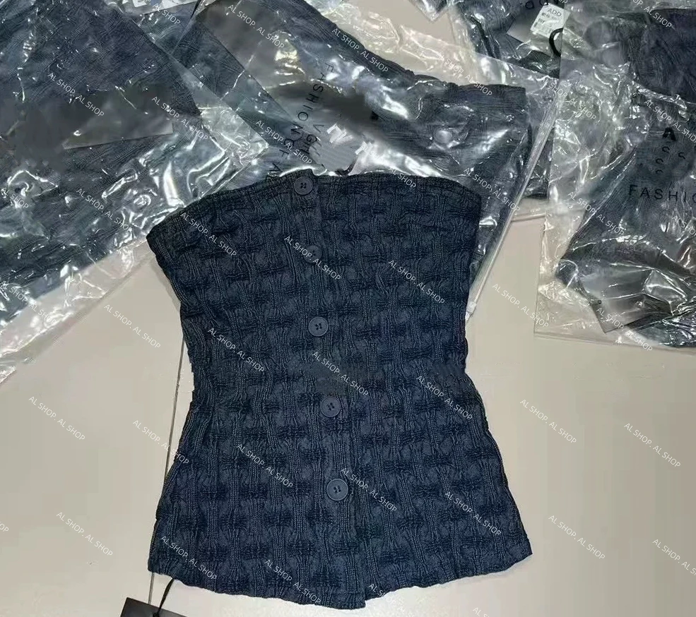 AL SHOP【盗梦空间】韩系夏季新款复古显瘦单排扣褶皱露肩抹胸上衣