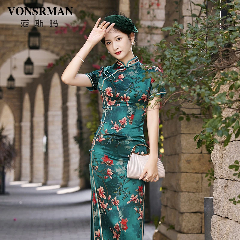 VONSRMAN新中式旗袍连衣裙2025夏季新款时尚长版气质短袖修身年轻