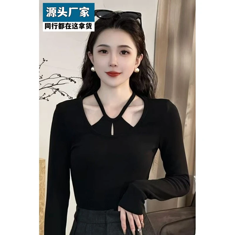 梵乐芬法式温柔风U领挂脖假两件拼接长袖T恤女早秋新款修身显瘦别