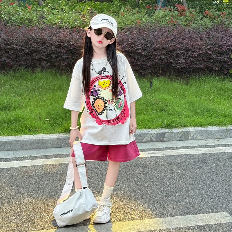 女童夏季套装2025新款中大童韩版洋气T恤时髦休闲运动短裤套装潮