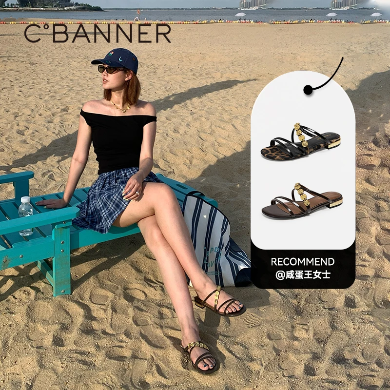 千百度露趾平底凉鞋拖鞋女款2025夏季新款复古可外穿配裙子凉拖鞋