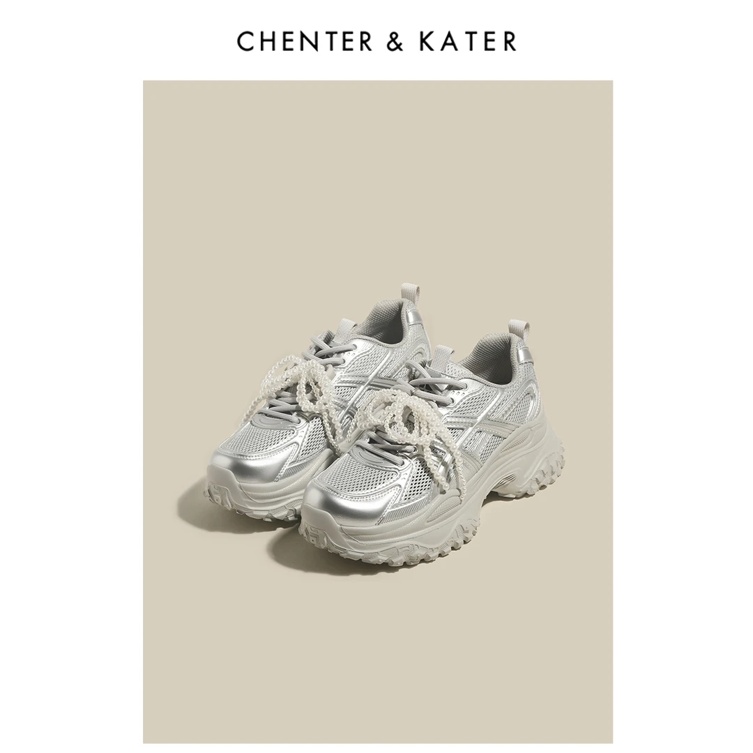 CHENTERKATER老爹鞋银色厚底复古港风春季网面透气休闲运动鞋女