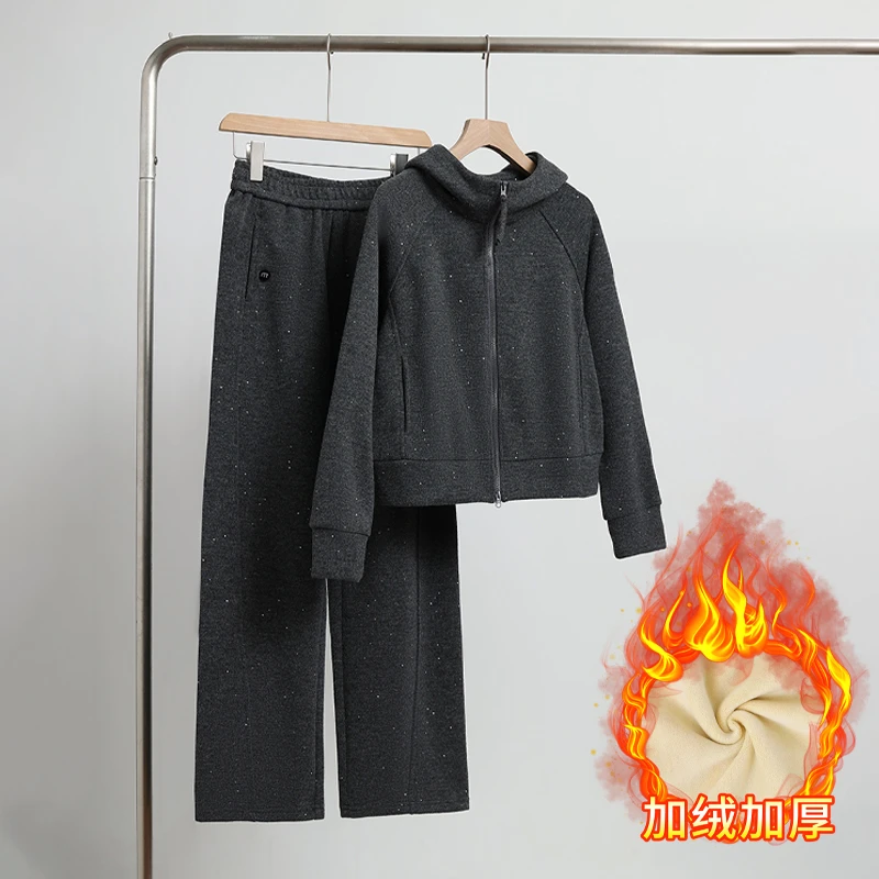 加绒加厚保暖时尚休闲套装2025冬季新款满印撒银连帽卫衣长裤套装