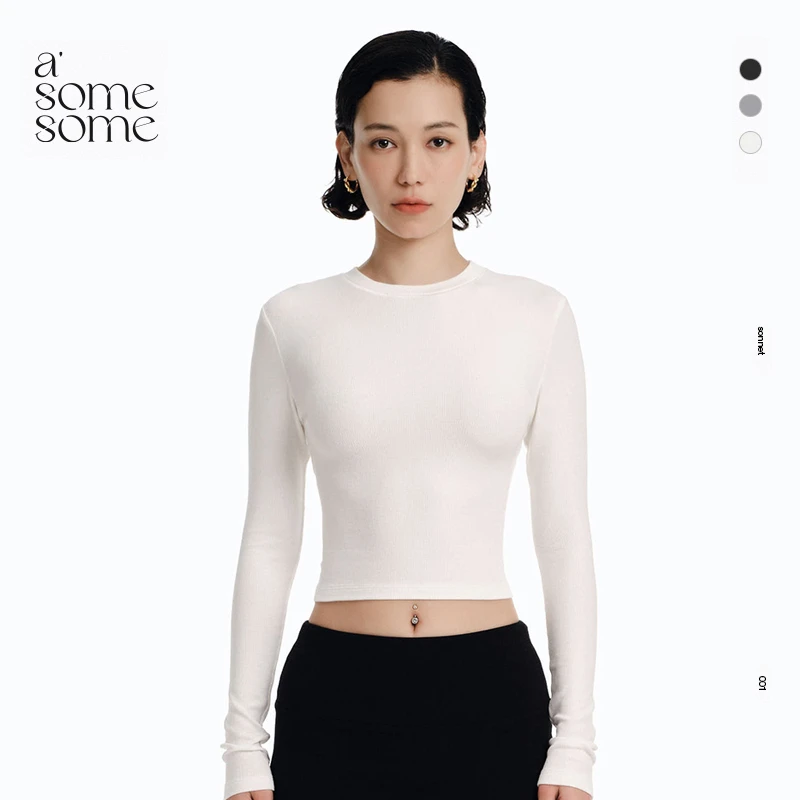 asomesome美式白色修身圆领长袖t女紧身上衣打底衫女内搭