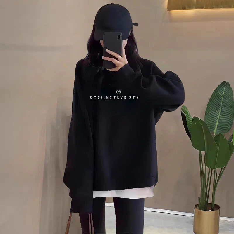 假两件圆领卫衣女2025秋冬新款宽松中长款遮屁股加绒加厚拼接上衣