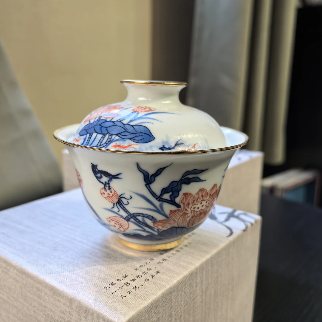 雨溪 荷花鸟盖碗 0047