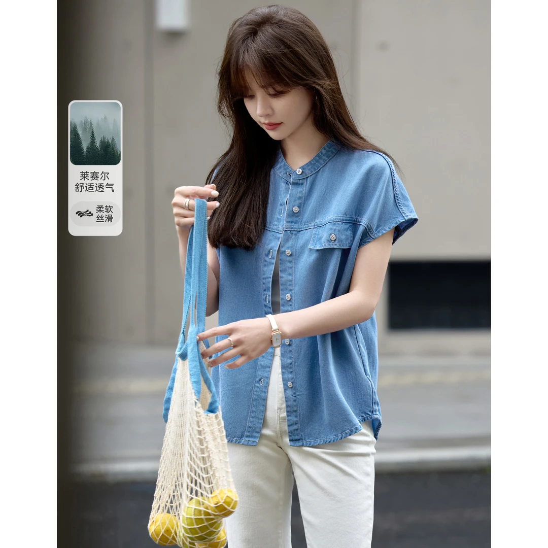沫晗依美【蓝调夏日】2025夏日新款都市休闲复古牛仔无袖衬衫3650