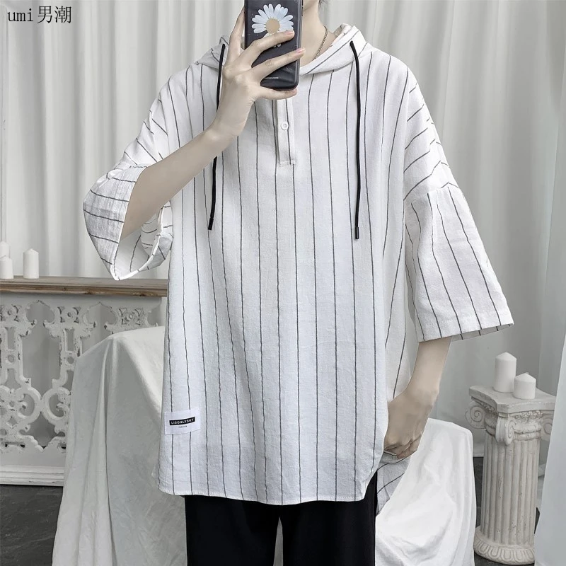夏季新款韩版简约条纹ins连帽体恤衫男士休闲宽松大码七分袖T恤男
