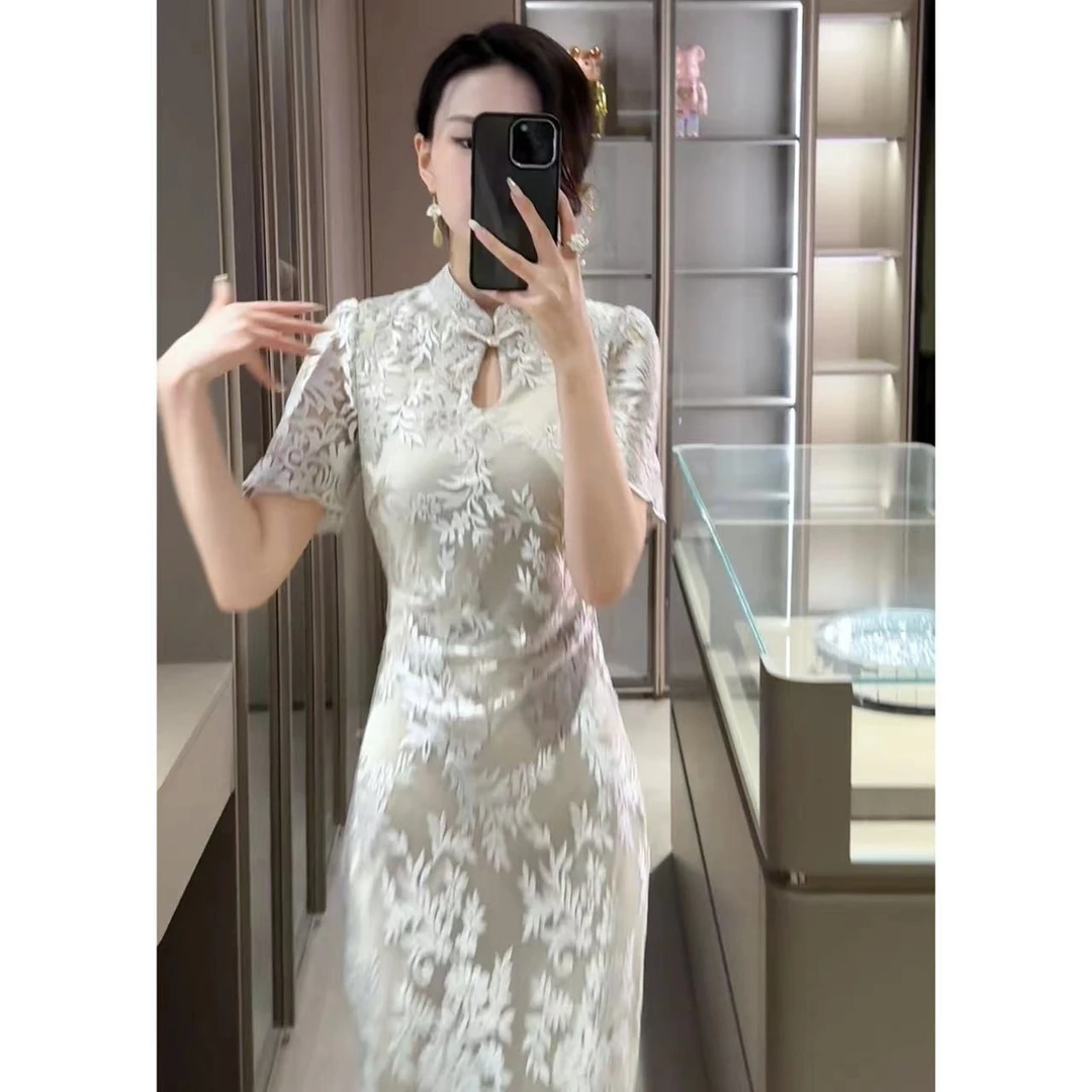 【画织】夏季高级感旗袍女新中式国风气质名媛精致钩花复古连衣裙