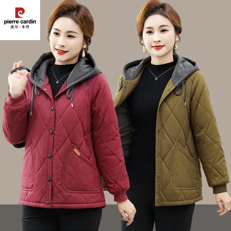 皮尔卡丹妈妈秋冬装服2024新款中老年女大尺码加厚连帽袄外套保暖