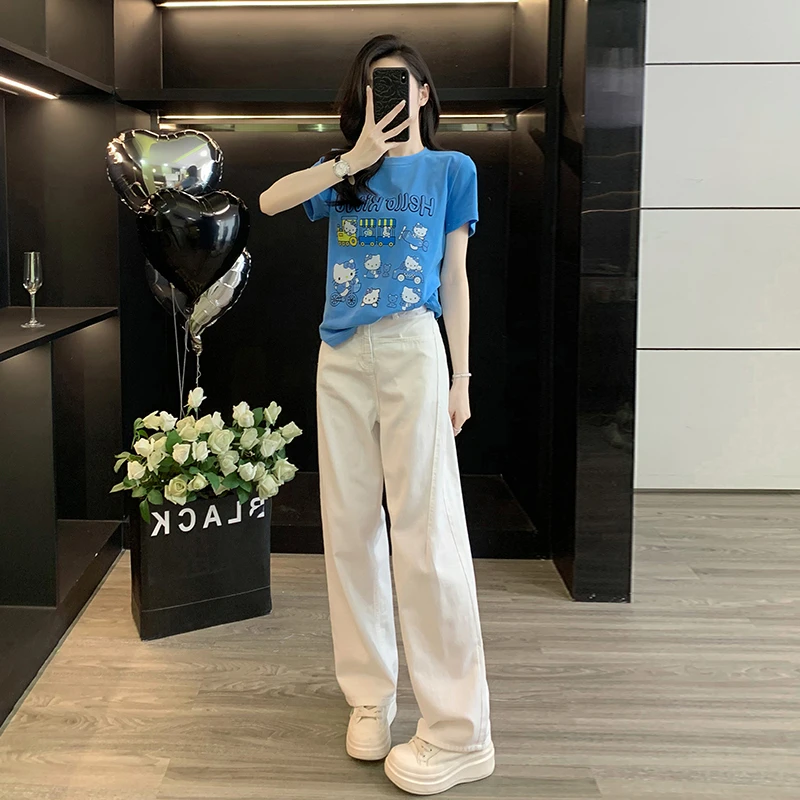 蓝色短款正肩短袖T恤女夏新上衣白色阔腿裤牛仔裤高腰休闲香蕉裤