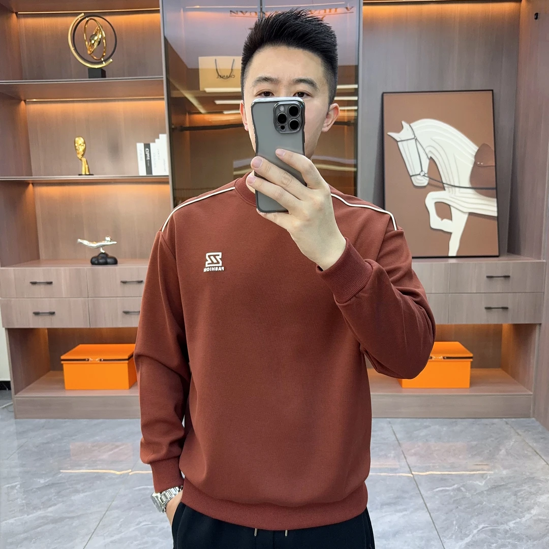 秋冬季男士肤感珠地棉加绒加厚休闲卫衣圆领时尚百搭男士刺绣上衣