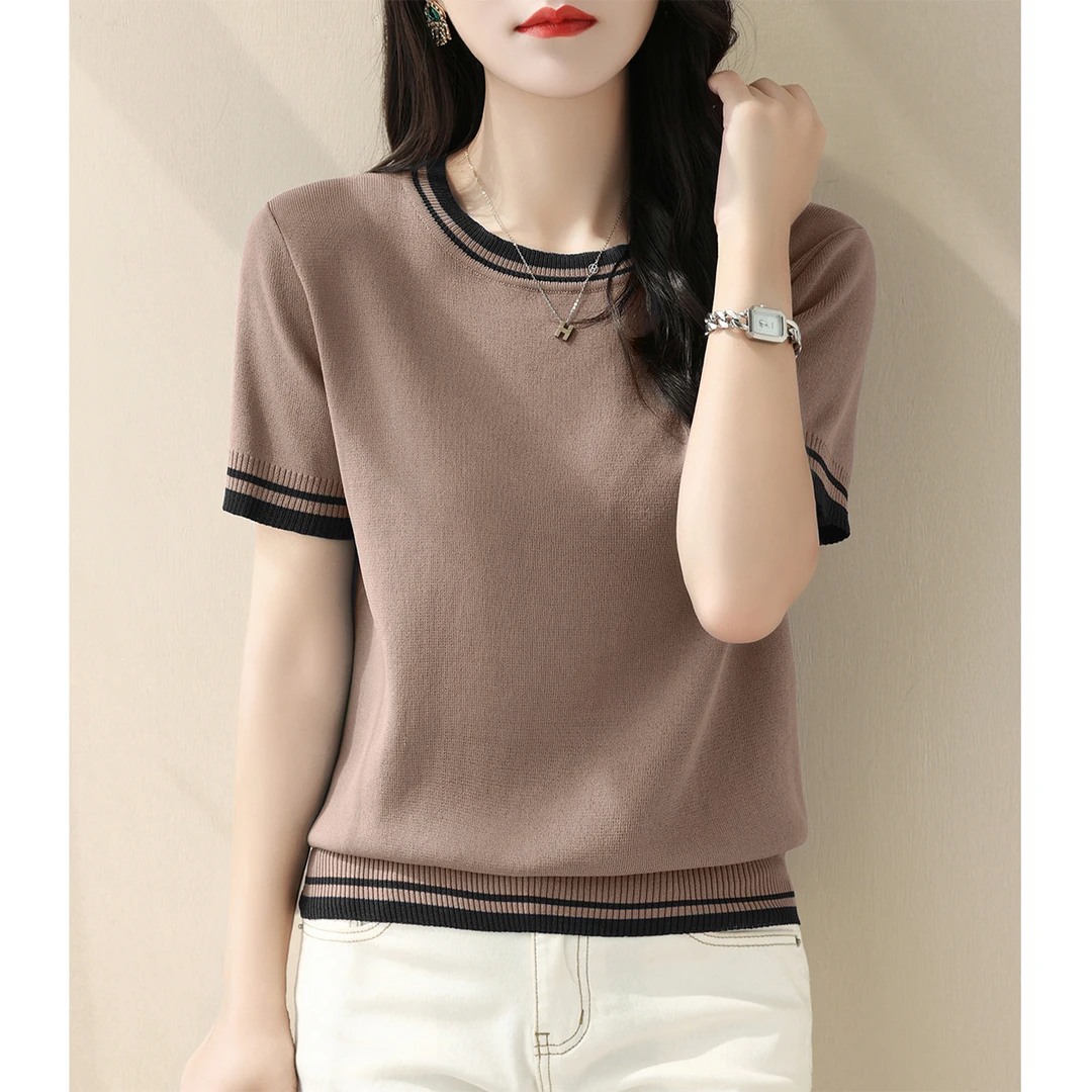 2025年夏季新款女装拼色宽松百搭T恤上衣圆领短袖针织衫冰丝