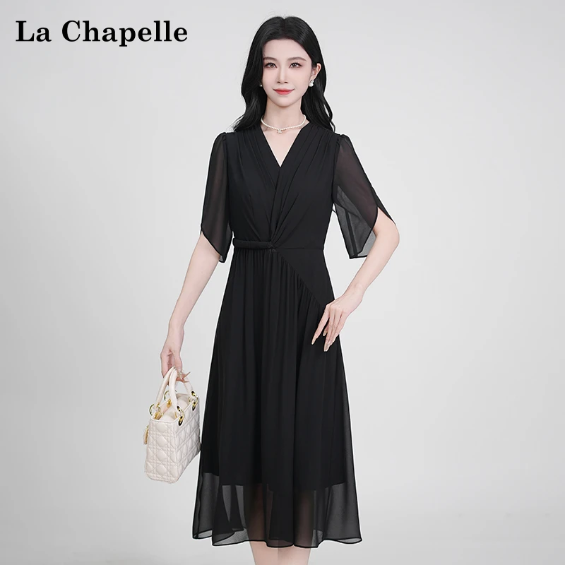 【拉夏贝尔】夏季法式设计感显瘦松紧腰短袖连衣裙