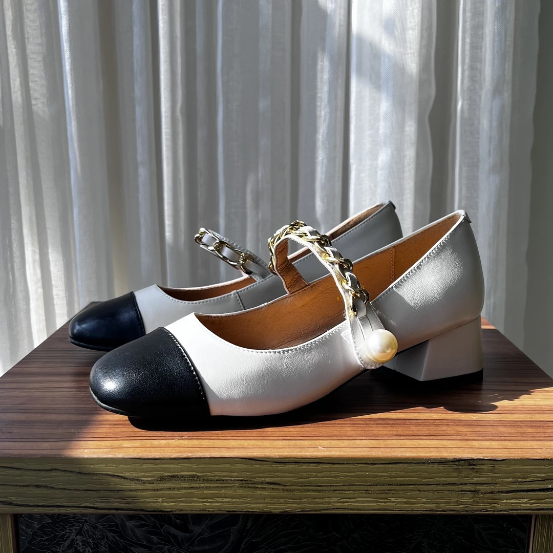 法式复古真皮浅口单鞋方头一字扣玛丽珍女鞋珍珠链条小香风高跟鞋