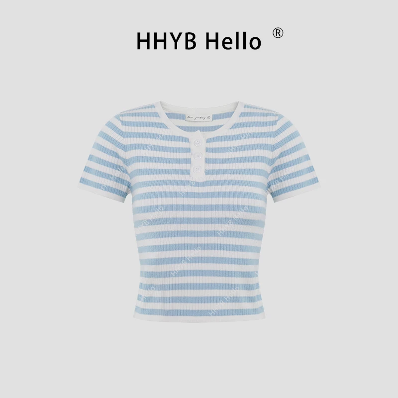 HHYB Hello【Q】简约百搭撞色条纹半开领短袖T恤女M466