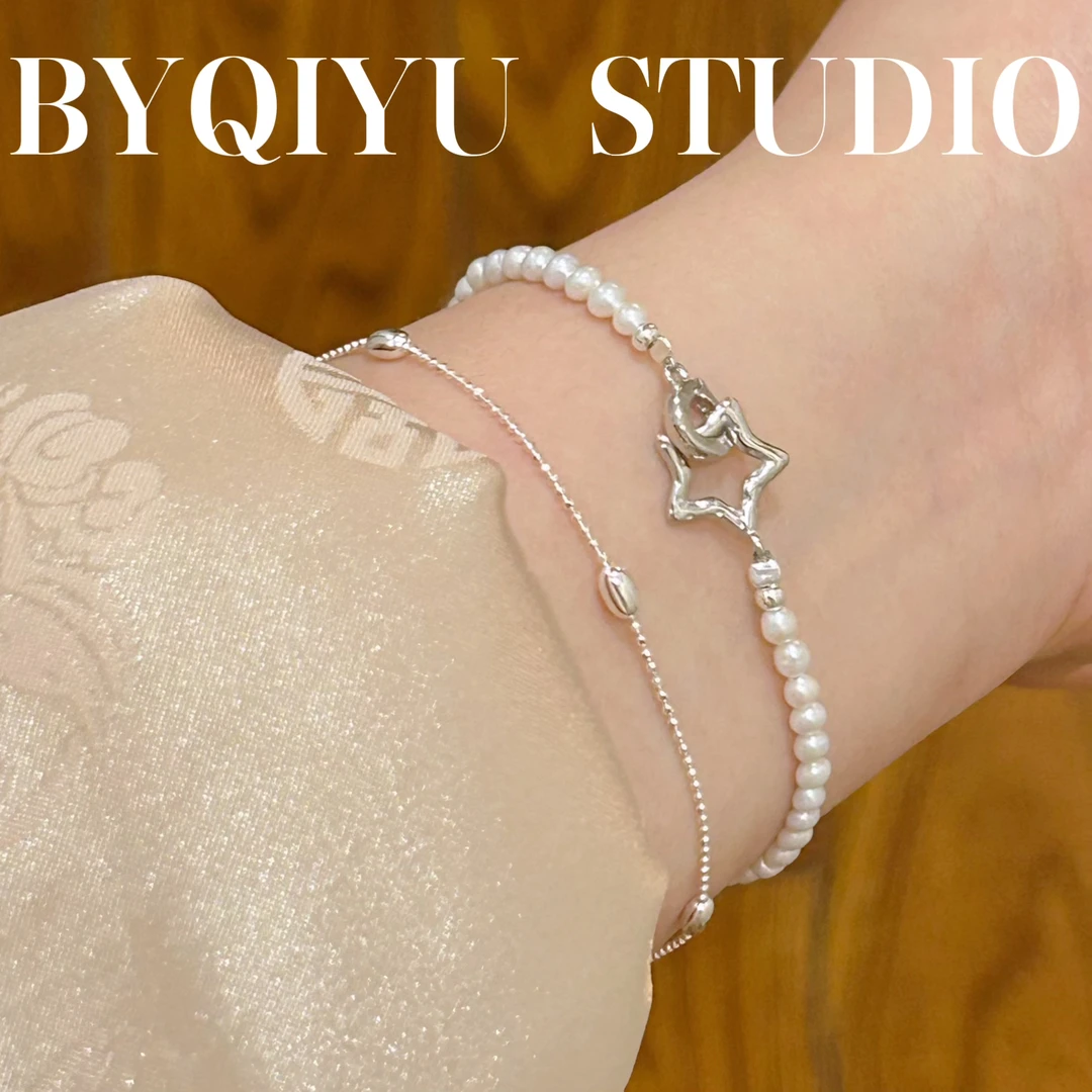 S925银米粒五角星天然淡水珍珠手链一条