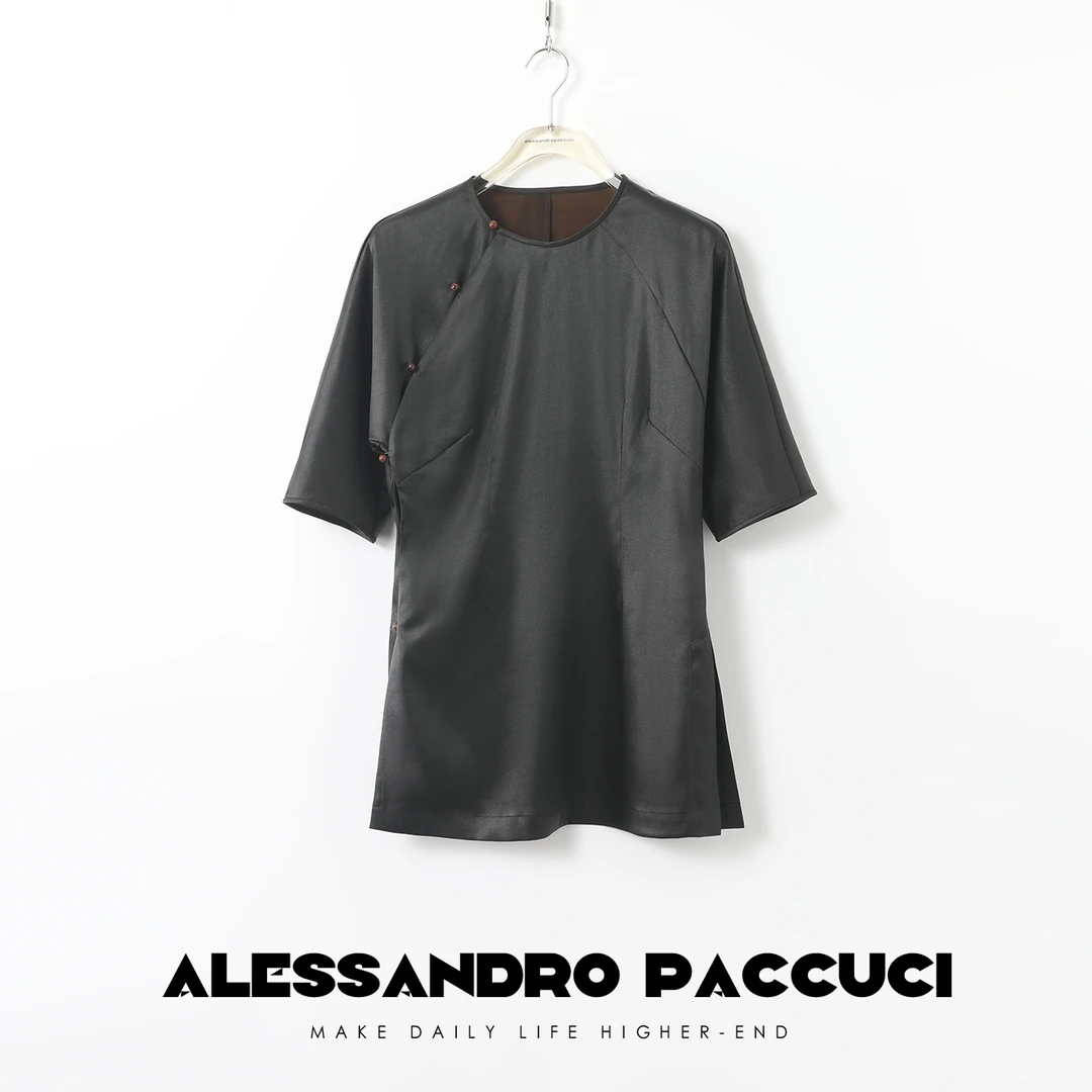 AP洛哥26736X 桑蚕丝香云纱国风斜襟开叉圆领时尚百搭短袖衬衫