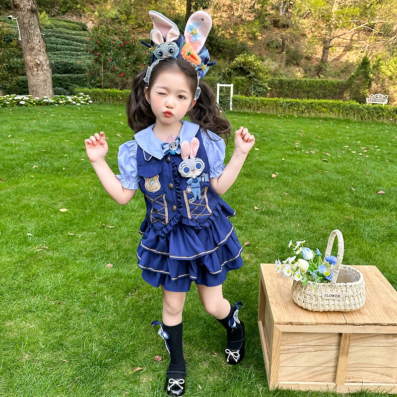 迪士尼童装女童套装裙春夏款2025新款兔子警官马甲裙子洋气三件套