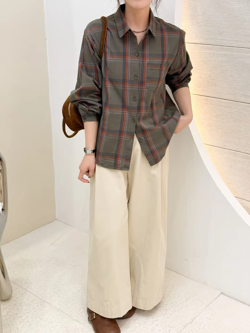 休闲夹棉女士衬衫秋冬新款C时尚百搭翻领格纹宽松加厚棉服上衣女