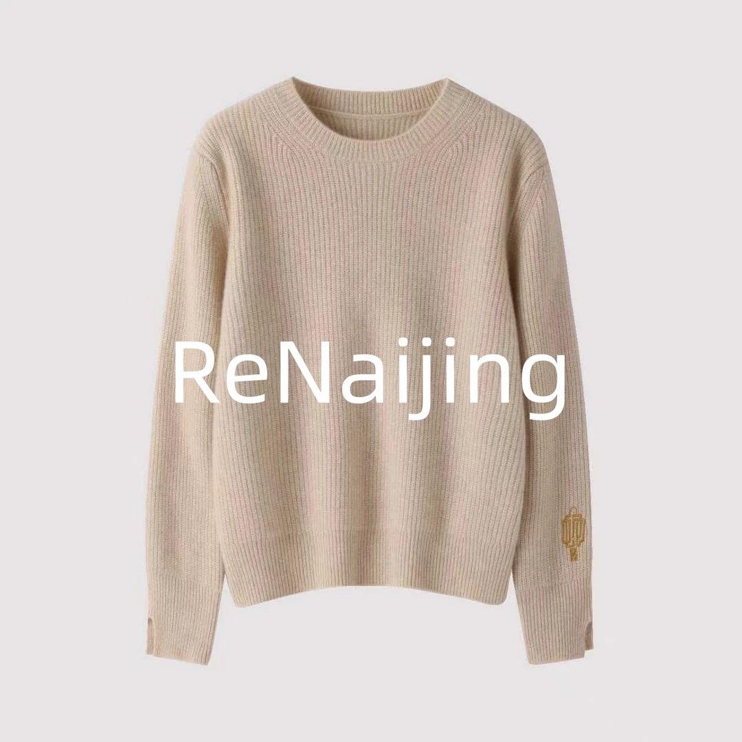 RENAIJING2025新款【事事如意】圆领袖口开叉刺绣加厚套头羊绒衫