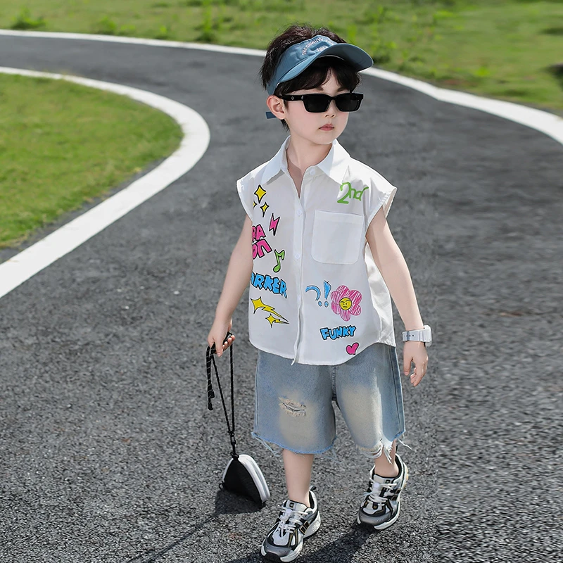 男童夏季套装2025新款儿童韩版无袖衬衫牛仔破洞裤宝宝洋气两件套