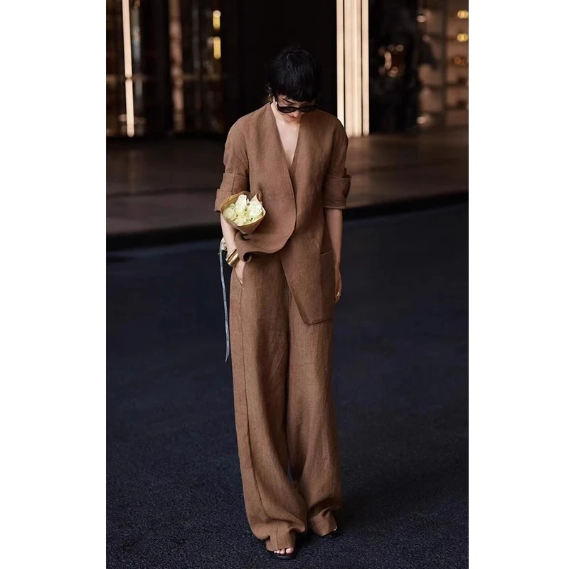 老钱风亚麻高级感套装女开春新款休闲宽松棉麻衬衣阔腿裤两件套潮