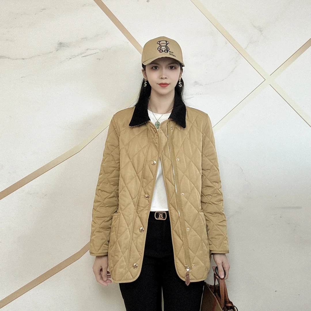冬季新款女士棉衣菱格锦袄休闲百搭保暖时尚条纹翻领长袖棉服外套