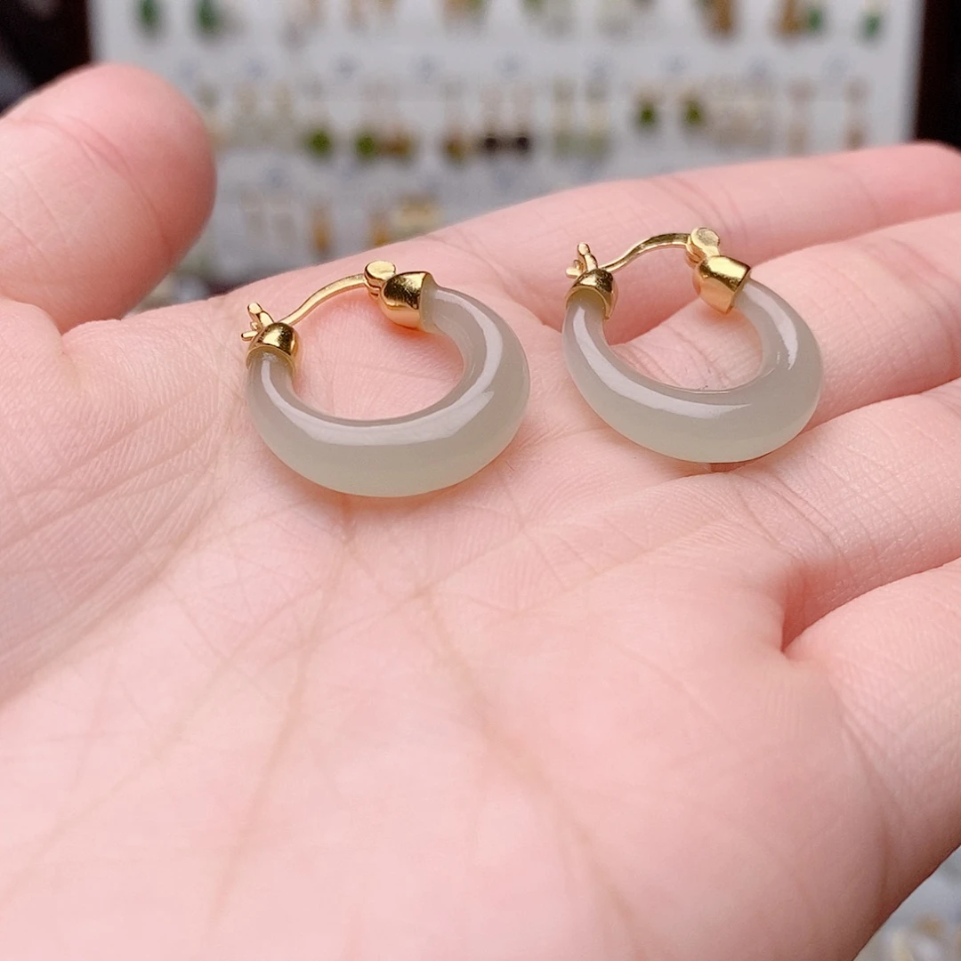 和田玉银S925镶嵌耳饰