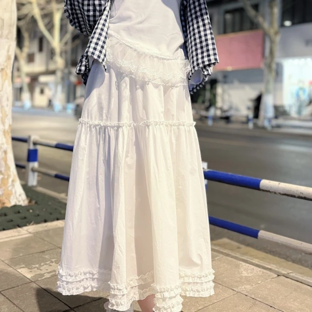 「小白」2025春夏新款中长款纯棉白色长裙女蛋糕花边大摆裙拼接宽松