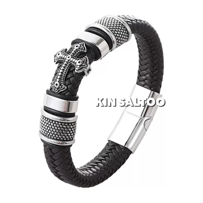 KIN SALTOO"黑武士"皮编织十字架磁吸扣小众高级复古T