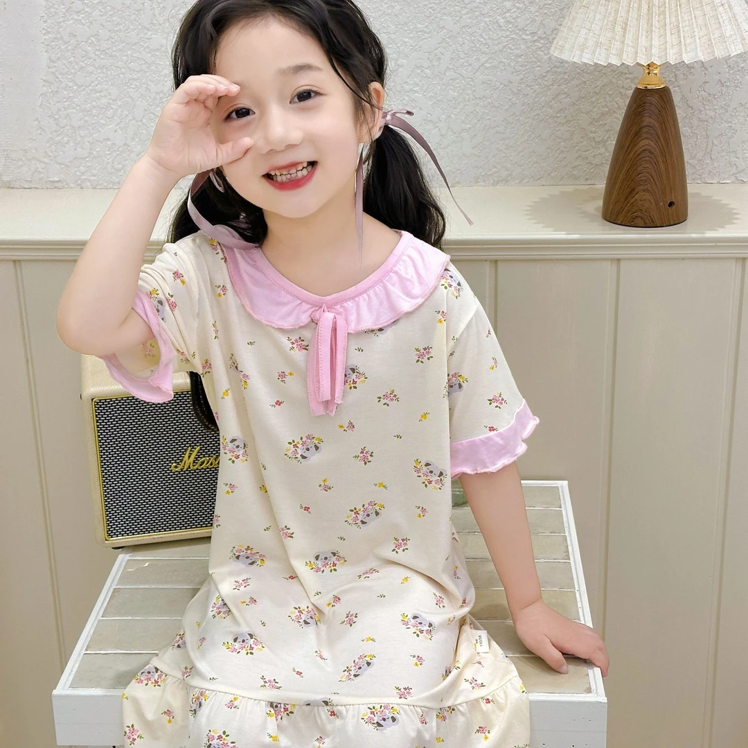 乖布童公主花边裙 优可丝莫代尔女童韩版公主风睡裙 夏季女宝睡衣