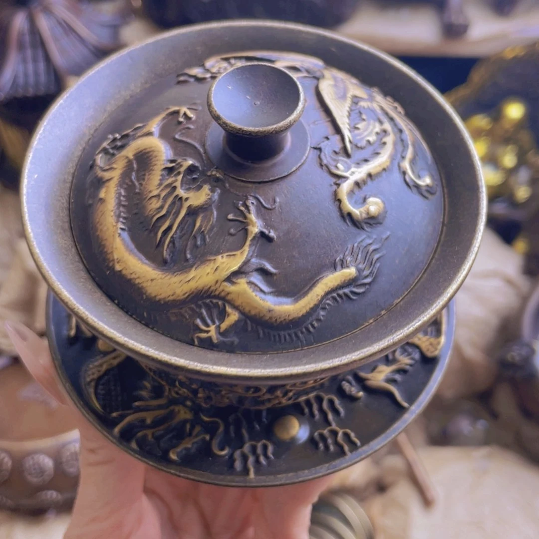 原矿风磨铜三财盖碗