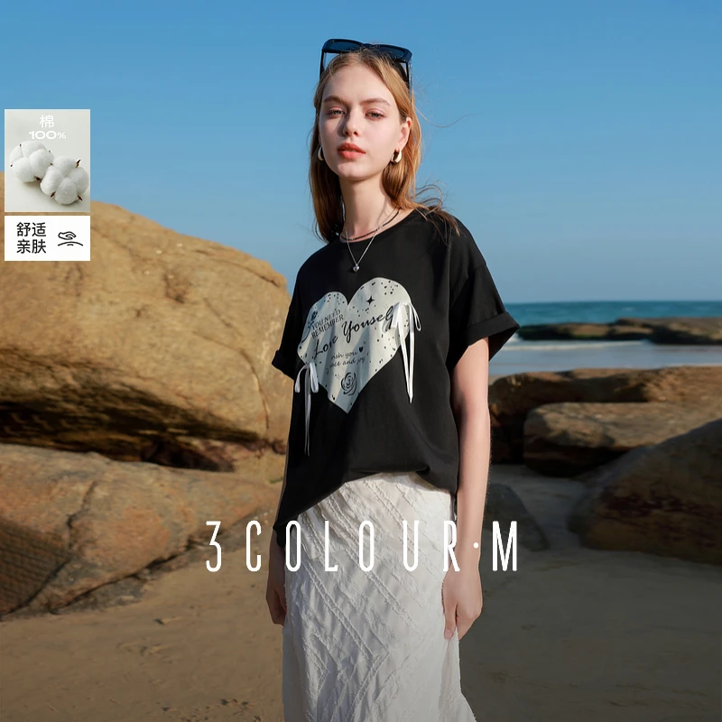 三彩2025夏季新款黑色T恤爱心印花圆领宽松落肩袖洋气套头衫女M