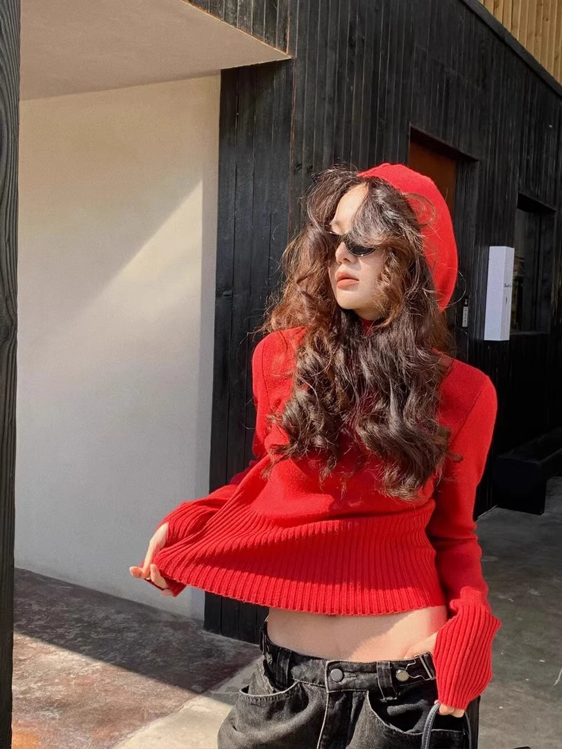 美式辣妹灰色连帽套头毛衣女秋冬针织内搭打底衫高腰短款长袖上衣