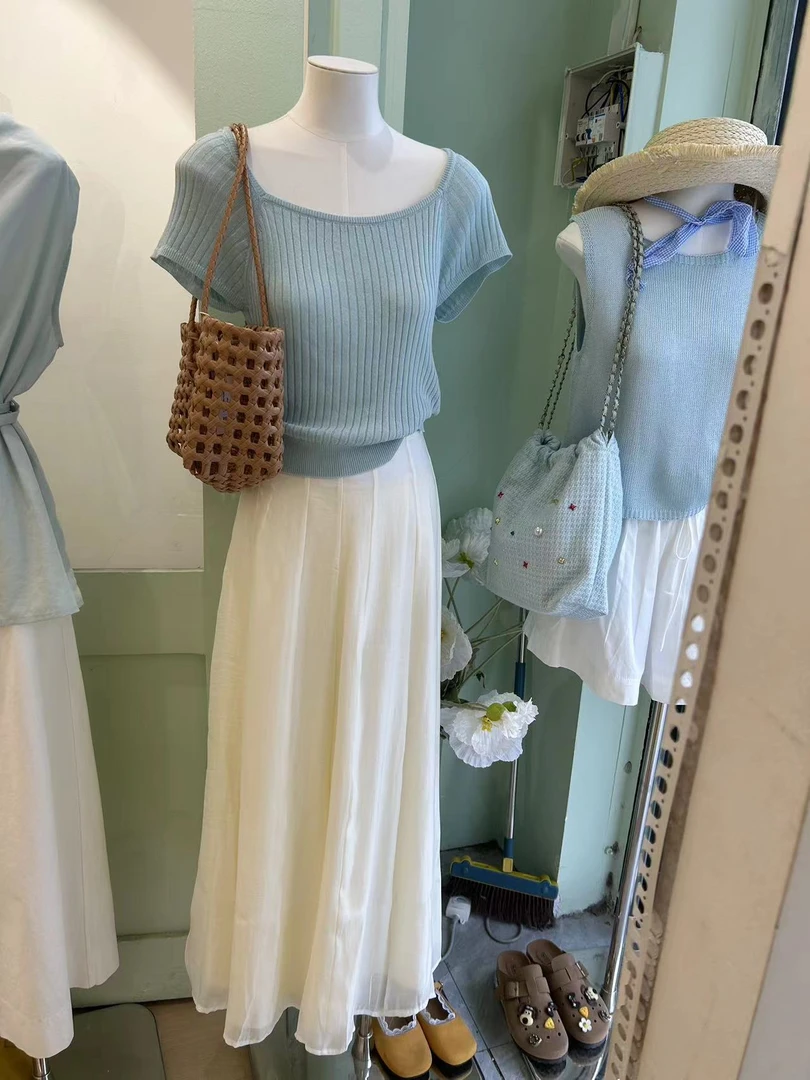 设计感包袖纯色女短袖毛针织衫气质上衣方领修身洋气