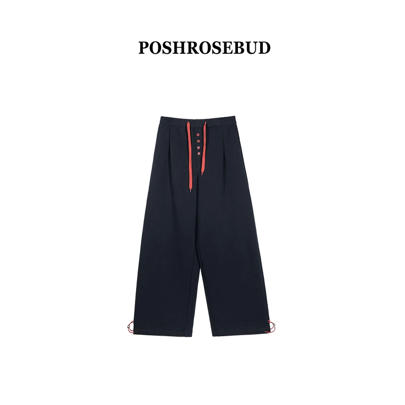 【POSHROSEBUD】新款直筒时尚潮流抽绳羊毛裤RJ3013