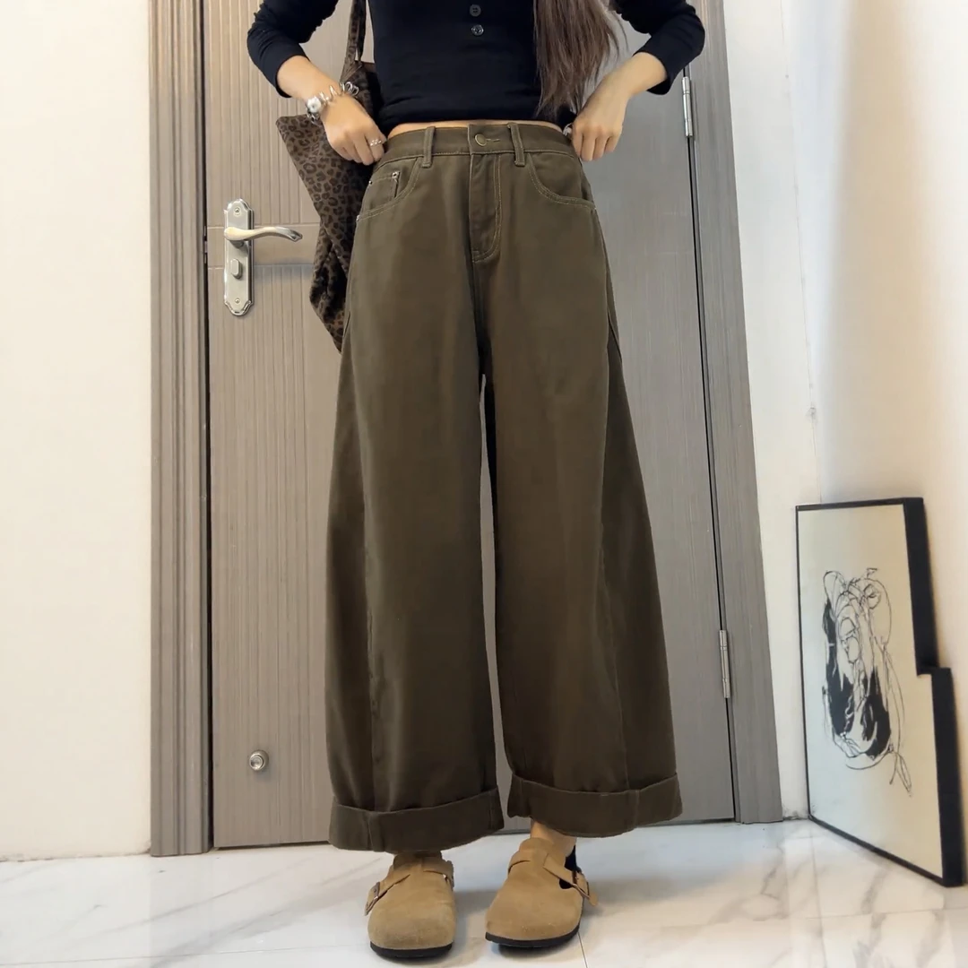 宽松阔腿裤美拉德风牛仔裤女2025秋季新款卷边设计感时尚百搭长裤