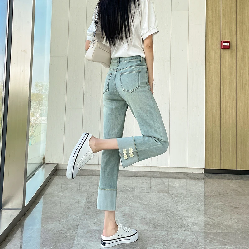 新中式国风盘扣直筒牛仔裤女2025春秋新款高腰八九分小个子烟管裤