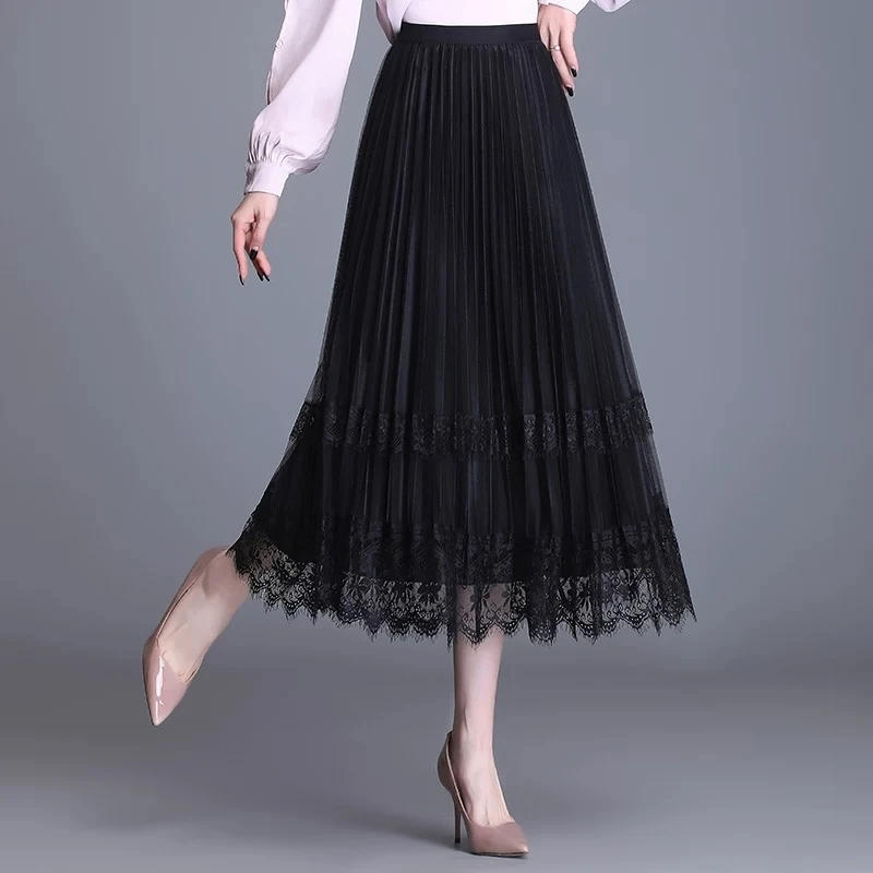 XIYIN中长款新款韩版半身裙女装气质淑女松紧腰优雅蕾丝A字裙