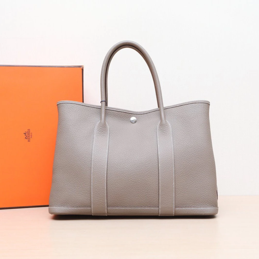 95新 Hermes/爱马仕 活动黑黑 花园包 36 大象灰 C刻 银扣 包