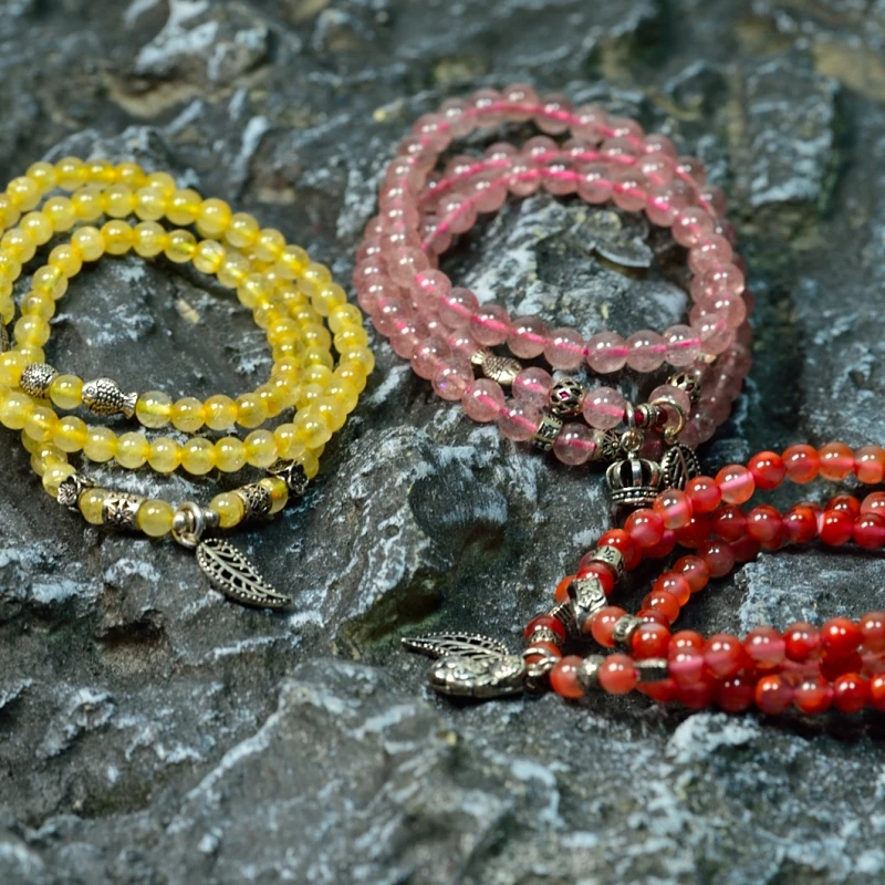 天然草莓水晶金发晶多圈手工纯银手串女生桃花粉色手链女款