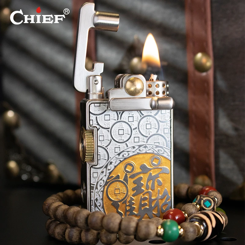 CHIEF/首领二创上线招财进宝煤油打火机钛拉丝工艺送礼自用