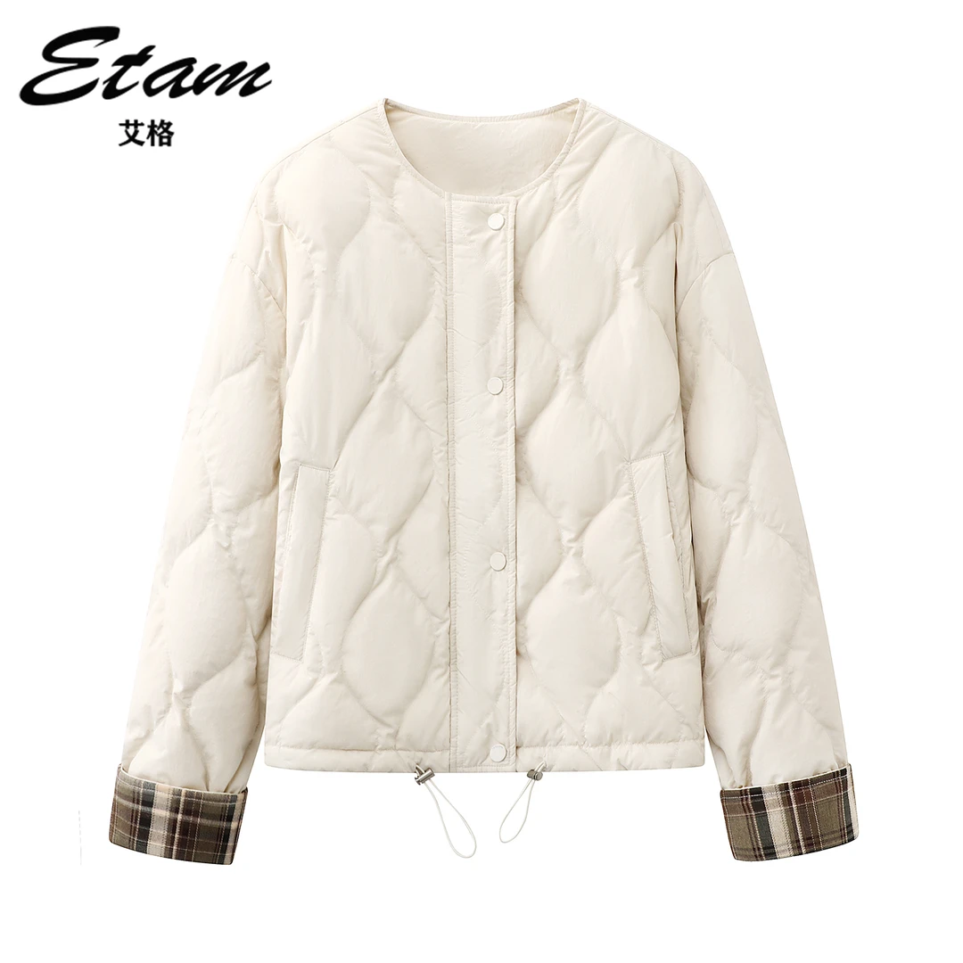 Etam/艾格极简风菱形格白色棉服2025秋冬新款短款轻薄宽松外套女
