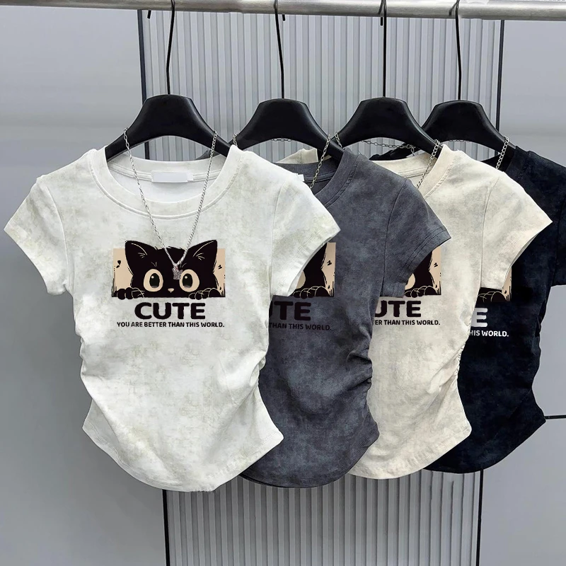 圆领扎染短袖T恤女夏季新款韩版纯欲复古印花褶皱百搭修身上衣潮