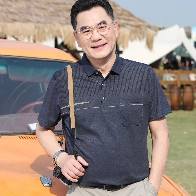 爸爸夏季短袖t恤中年男士翻领真 口袋polo衫中老年人男装薄款上衣